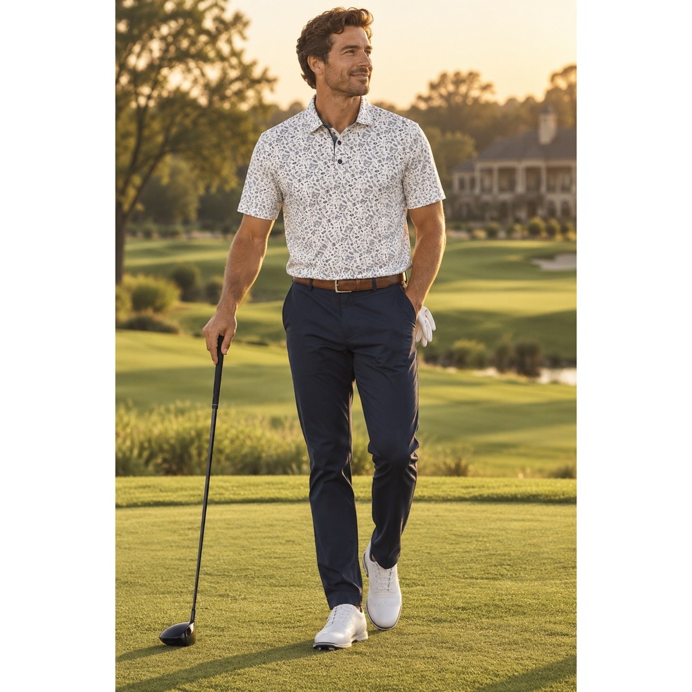 Walter Hagen 11 Mens Golf Polo Shirt White Blue Novelty Print Stretch Med Preppy
